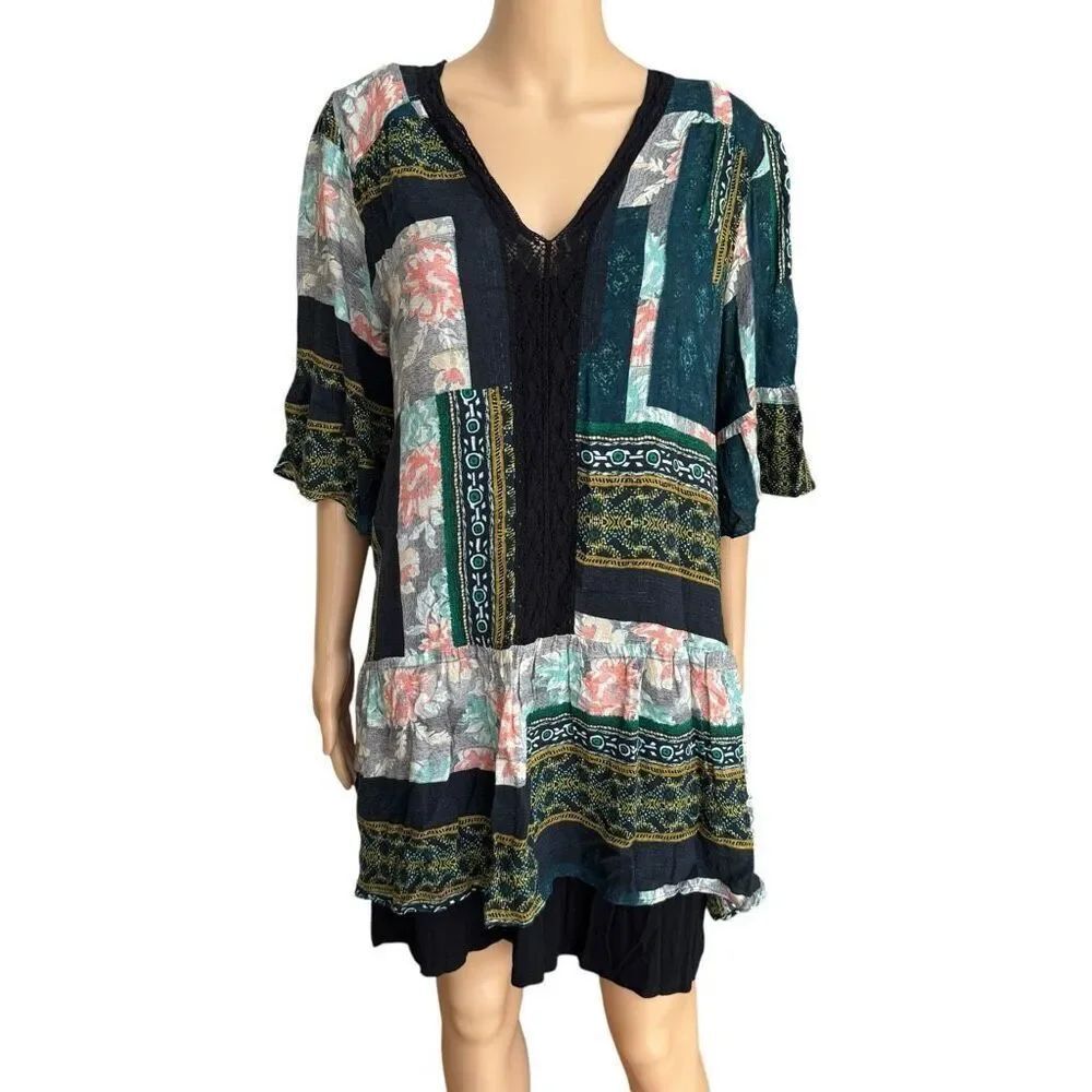 Anthropologie Maeve Patchwork Mixed Pattern Lace Detail Dress Size LP